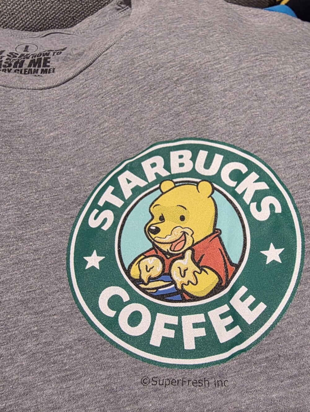 Super Fresh Mens Large "Starbucks Coffee Winnie the Pooh" Graphic Tee - Gray